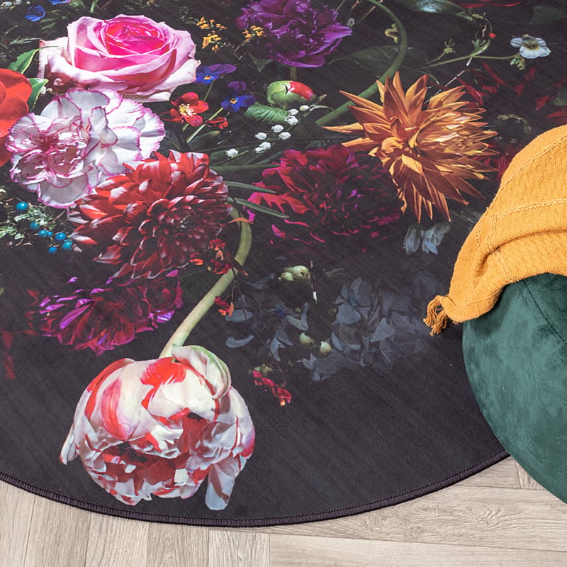 Round Floral Rug - Florine Black/Pink