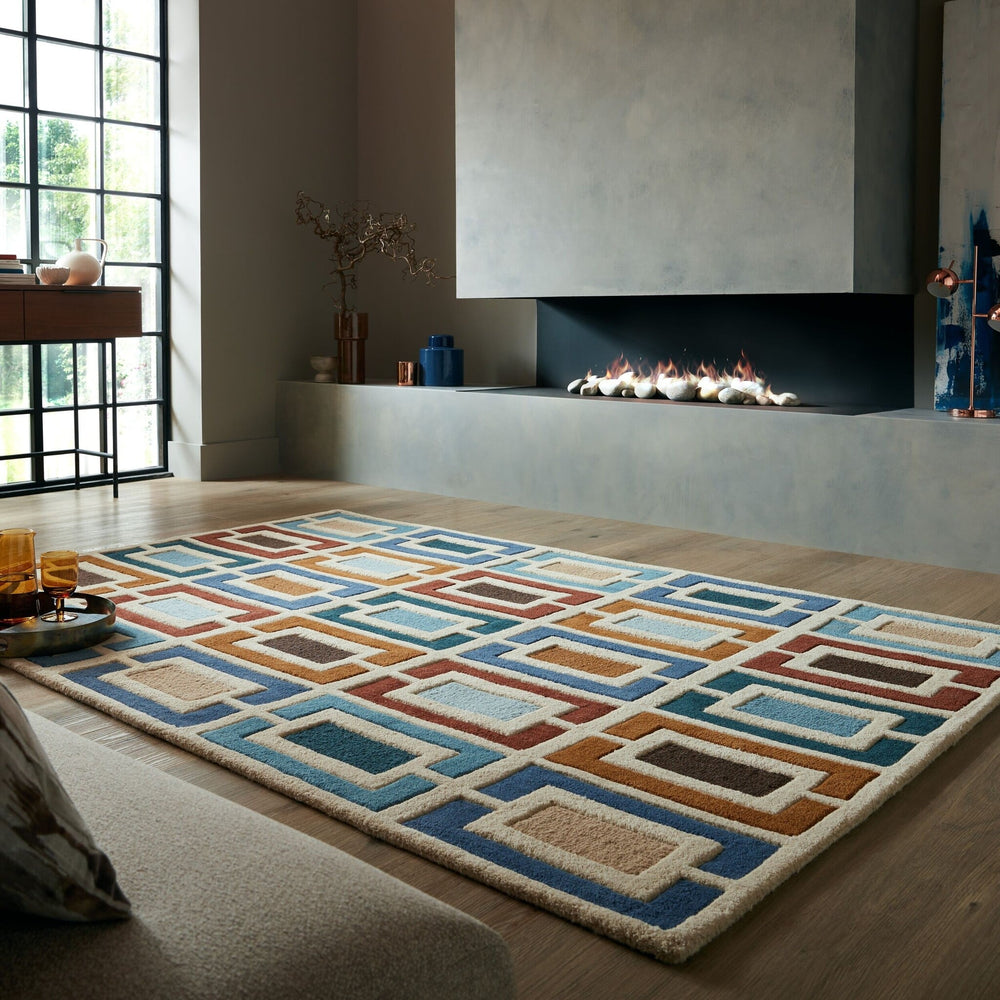 Retro floor rug - Ryano Blocks Blue/Multicolor
